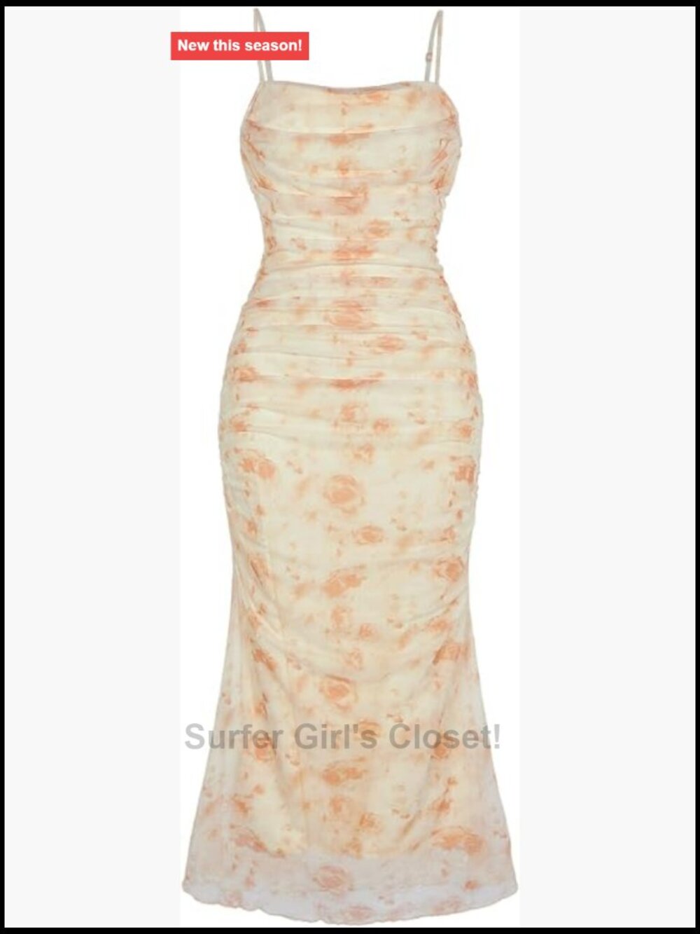 Floral Ruched Mesh Fishtail Bodycon Midi Dress Sleeveless Summer